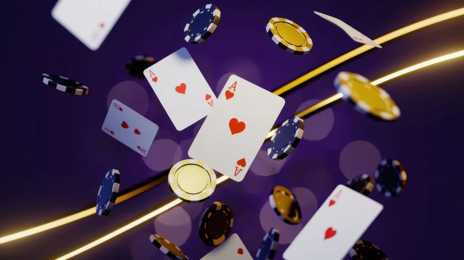 Ases de corazones y fichas de casino flotando sobre un fondo violeta