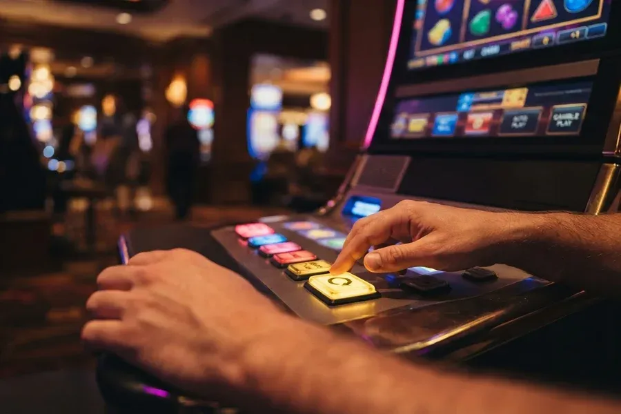 Jugador pulsa el botón de una máquina tragaperras en una sala de casino