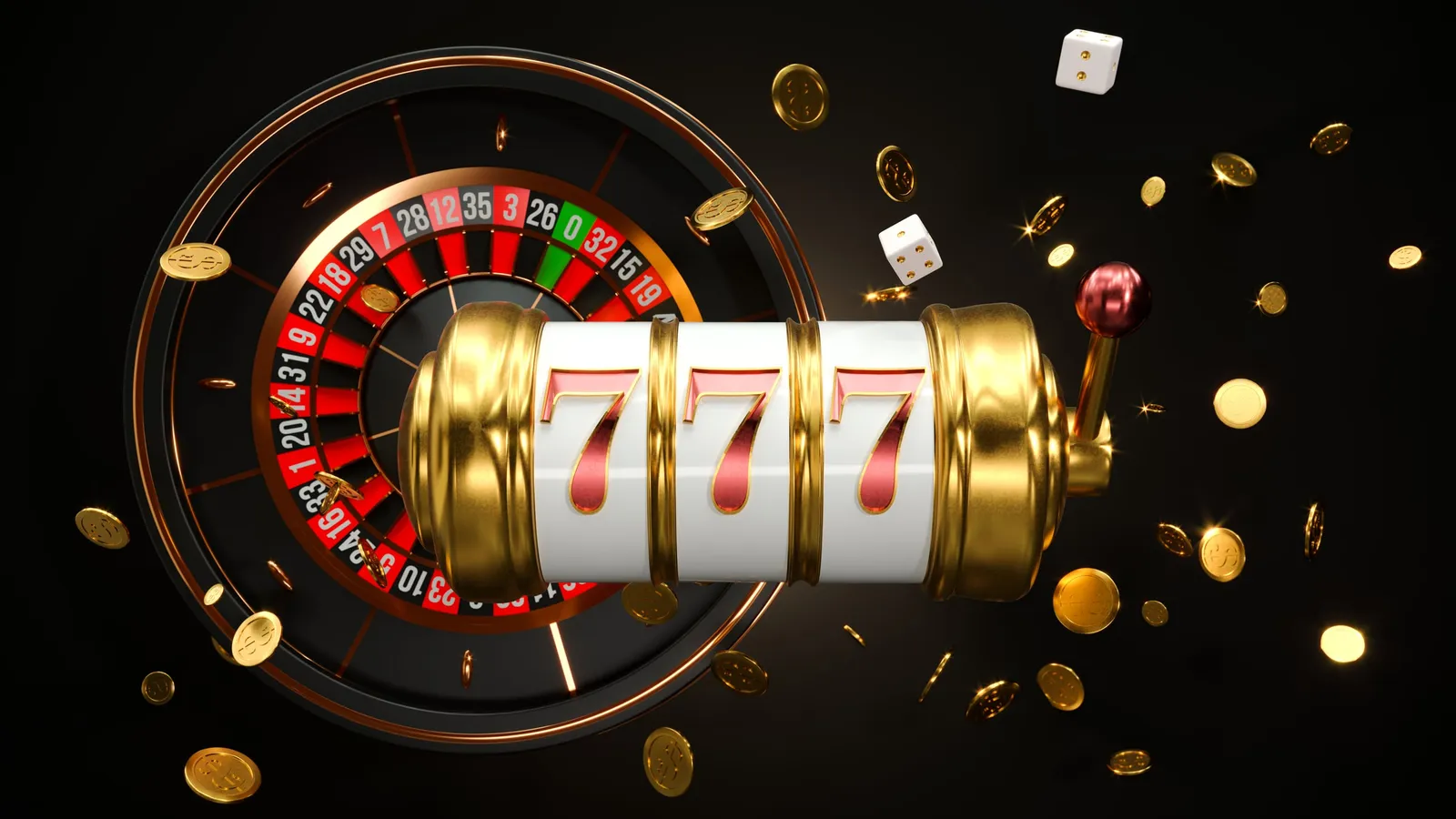 Tragaperras dorada con tres sietes delante de una ruleta y monedas en el aire
