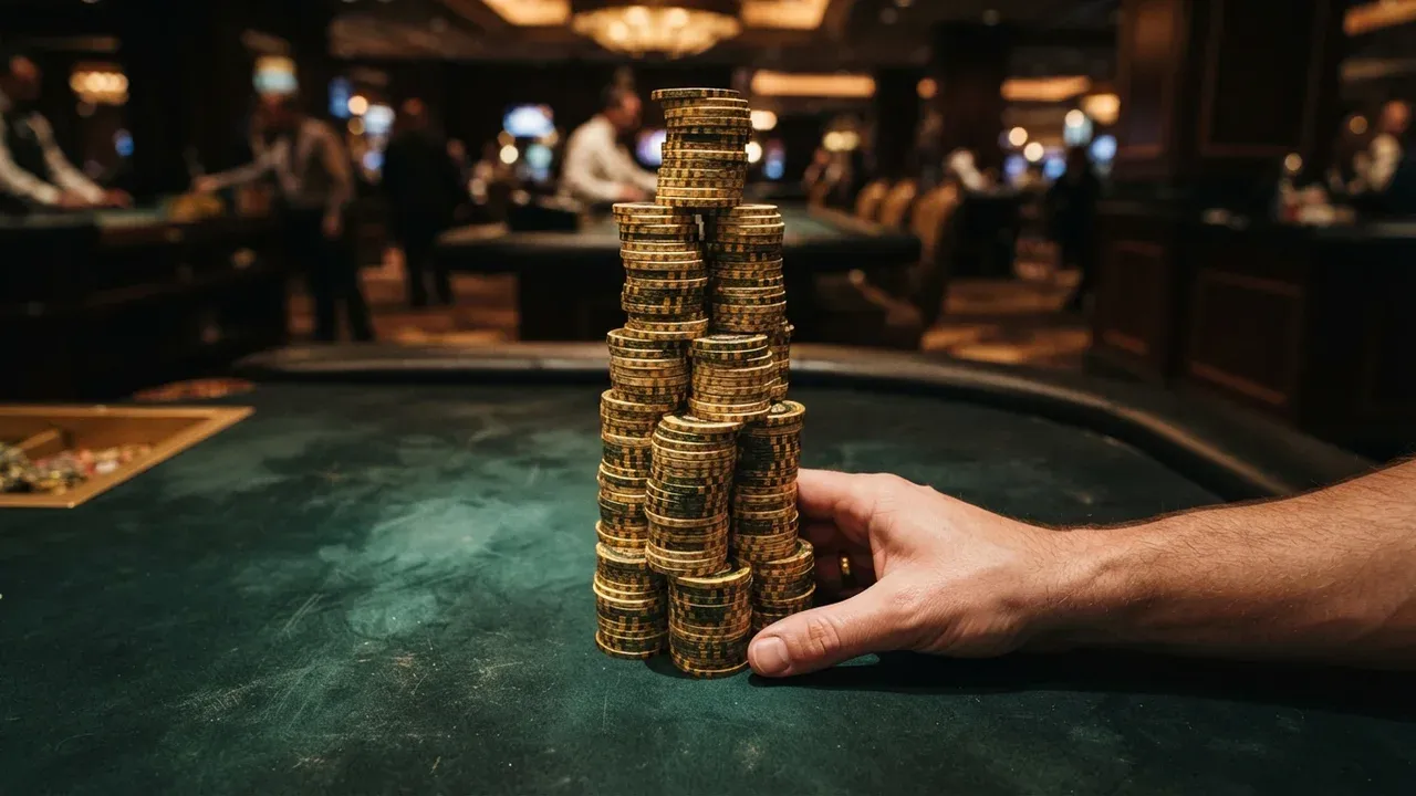 Mano junto a una torre de fichas doradas sobre una mesa de casino verde